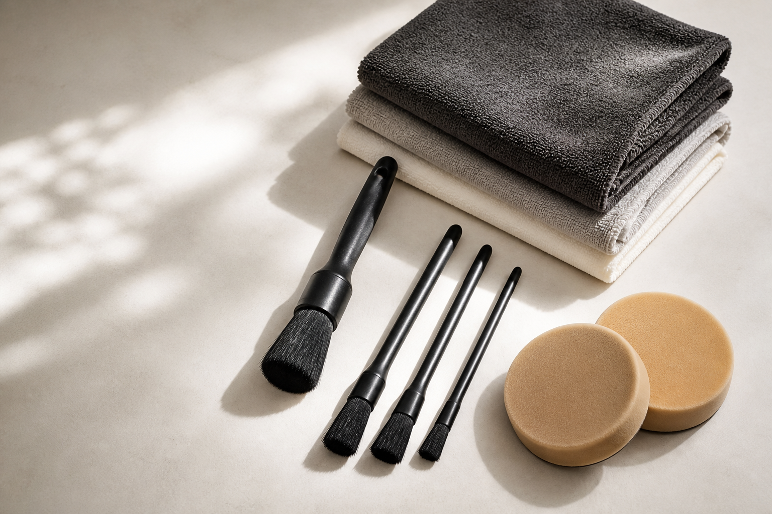 Microfiber towels, brushes, and pads arranged in a sunlit studio